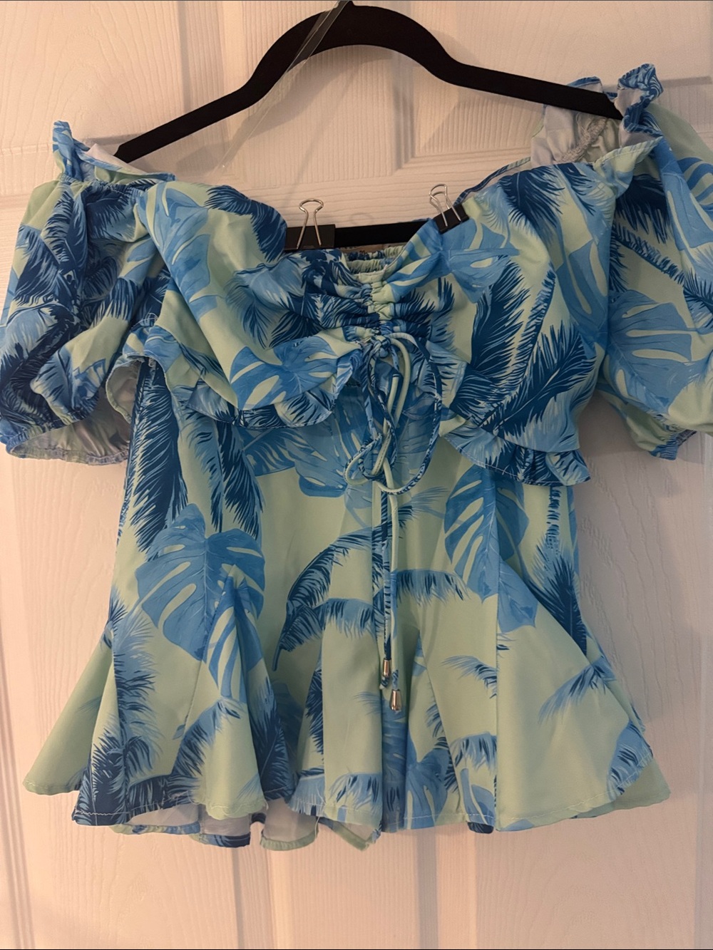bloom Blue and Light Blue Tropical Ruched Off-Shoulder Swim Sarong Top and Skirt